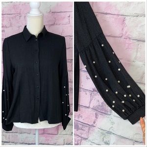Zara pearl embellished bubble sleeves gray shirt S
